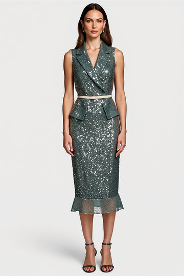 Sparkly Grey Green Sequins Bodycon Midi Semi Formal Dress with Ruffles